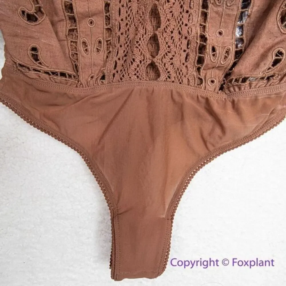 NEW Free‎ People Intimately Brown Regina Boho Long Sleeve Bodysuit, S